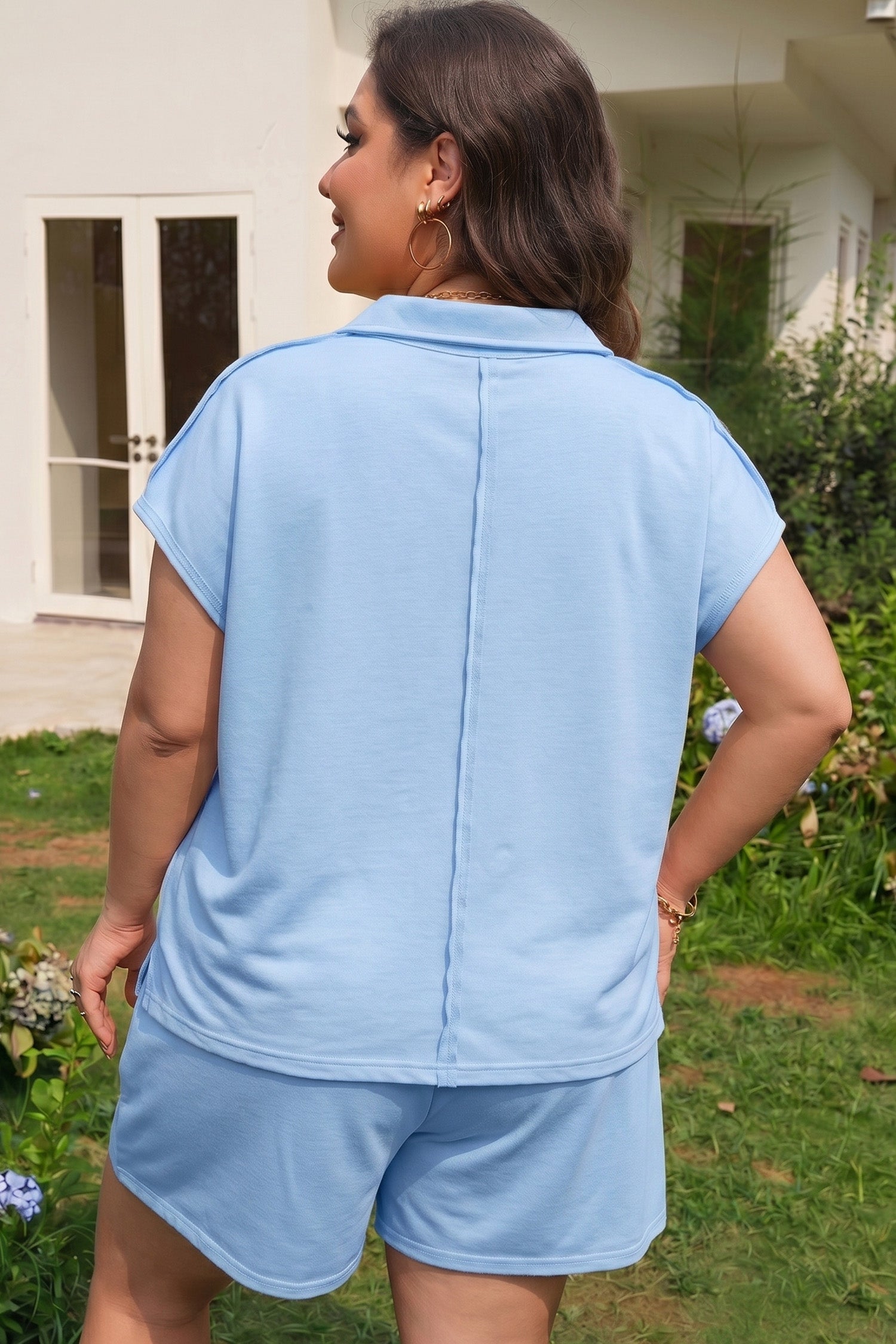 Mist Blue Solid Color Polo Tee Elastic Waist Shorts Plus Size Outfit 🇺🇸