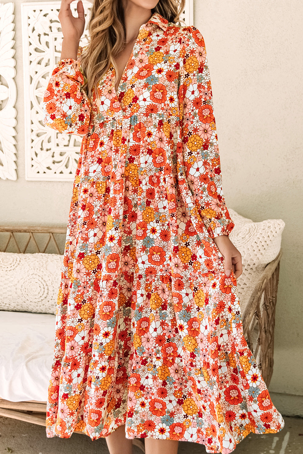 Multicolor Boho Floral Collared Long Sleeve Ruffled Dress 🇺🇸