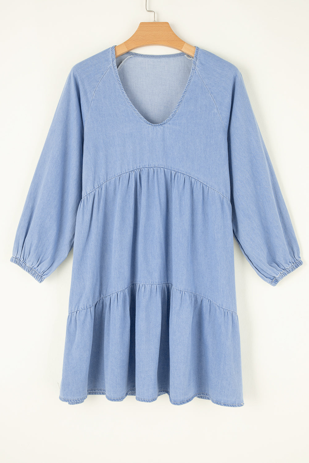 Beau Blue Puff Sleeve V Neck Tiered Ruffled Chambray Mini Dress 🇨🇳