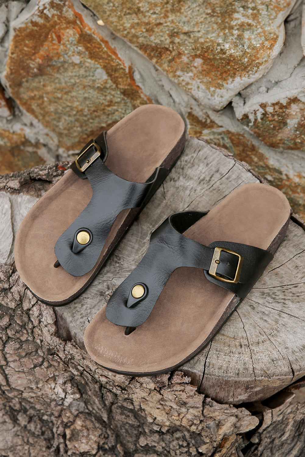 Black Vintage Buckle PU Leather Thong Slippers 🇨🇳