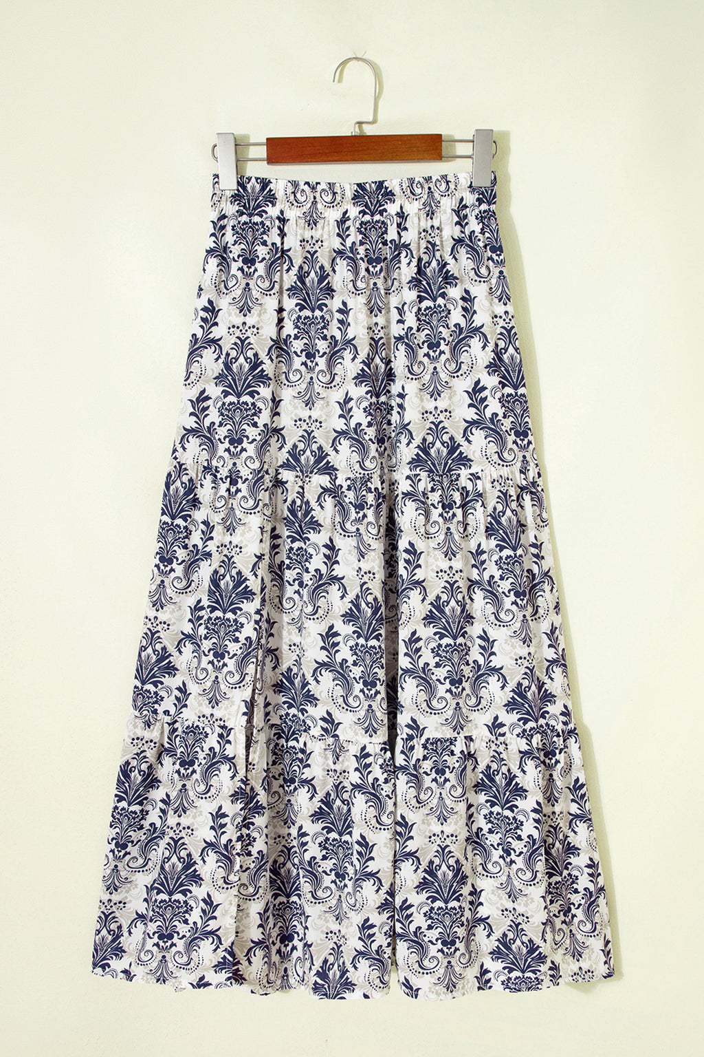Blue Bohemian Floral Print Tiered Maxi Skirt with Split 🇺🇸
