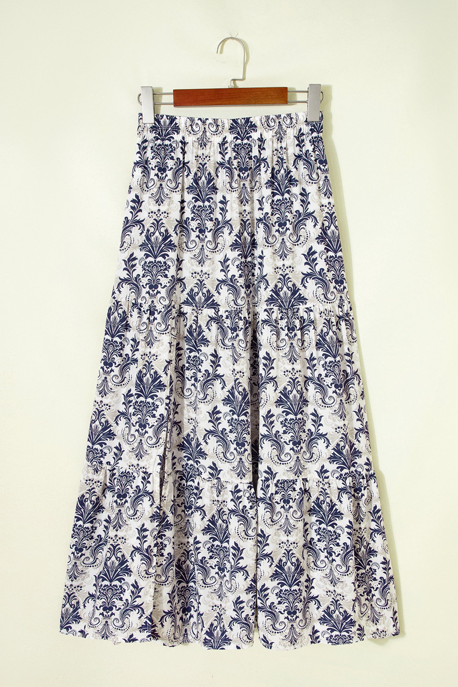 Blue Bohemian Floral Print Tiered Maxi Skirt with Split 🇺🇸