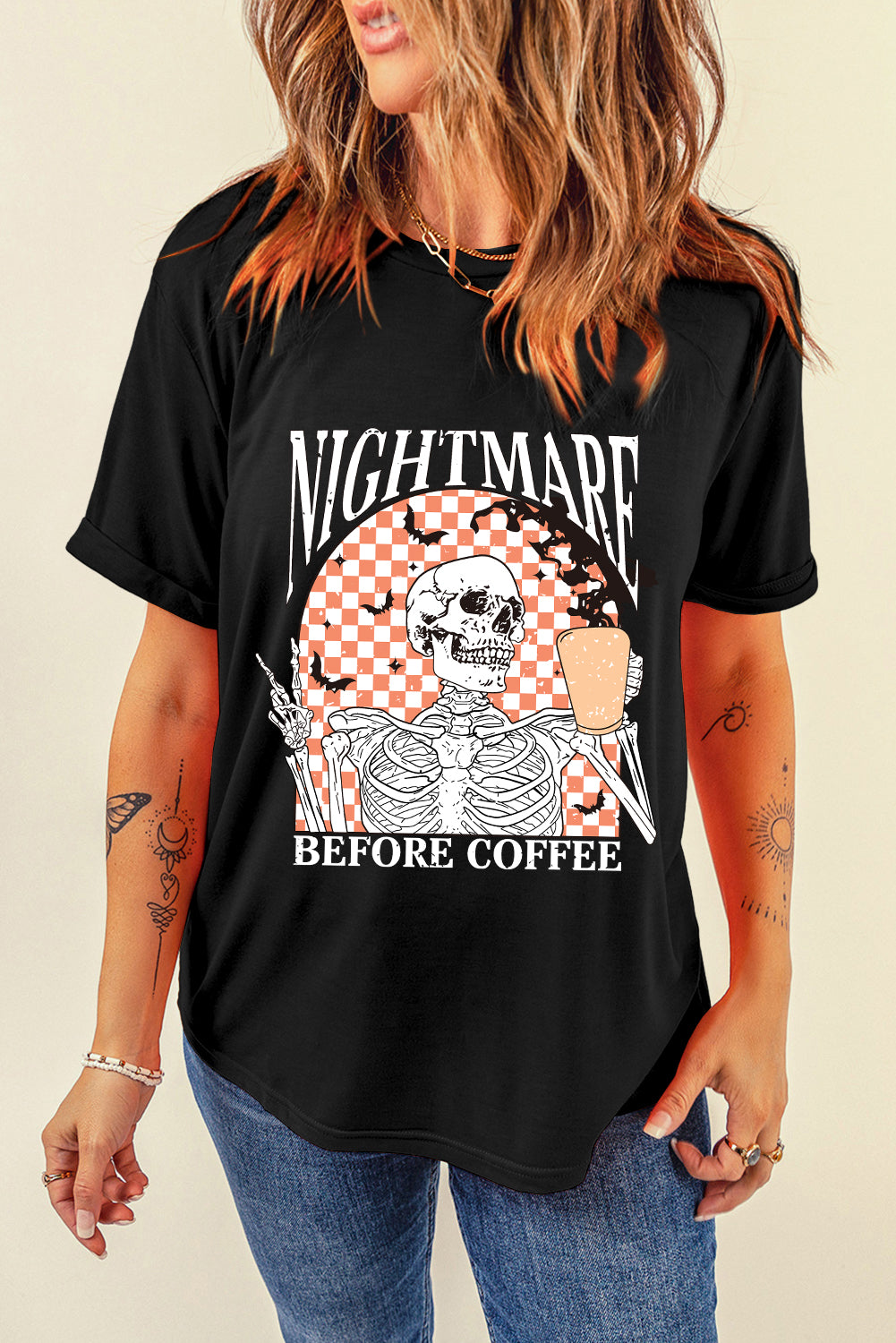Black Nightmare Before Coffee Skull Checkerboard Graphic Halloween Tee 🇺🇲