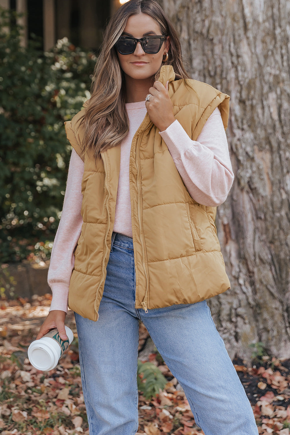Khaki Oversized Stand Collar Zip Winter Vest 🇺🇸