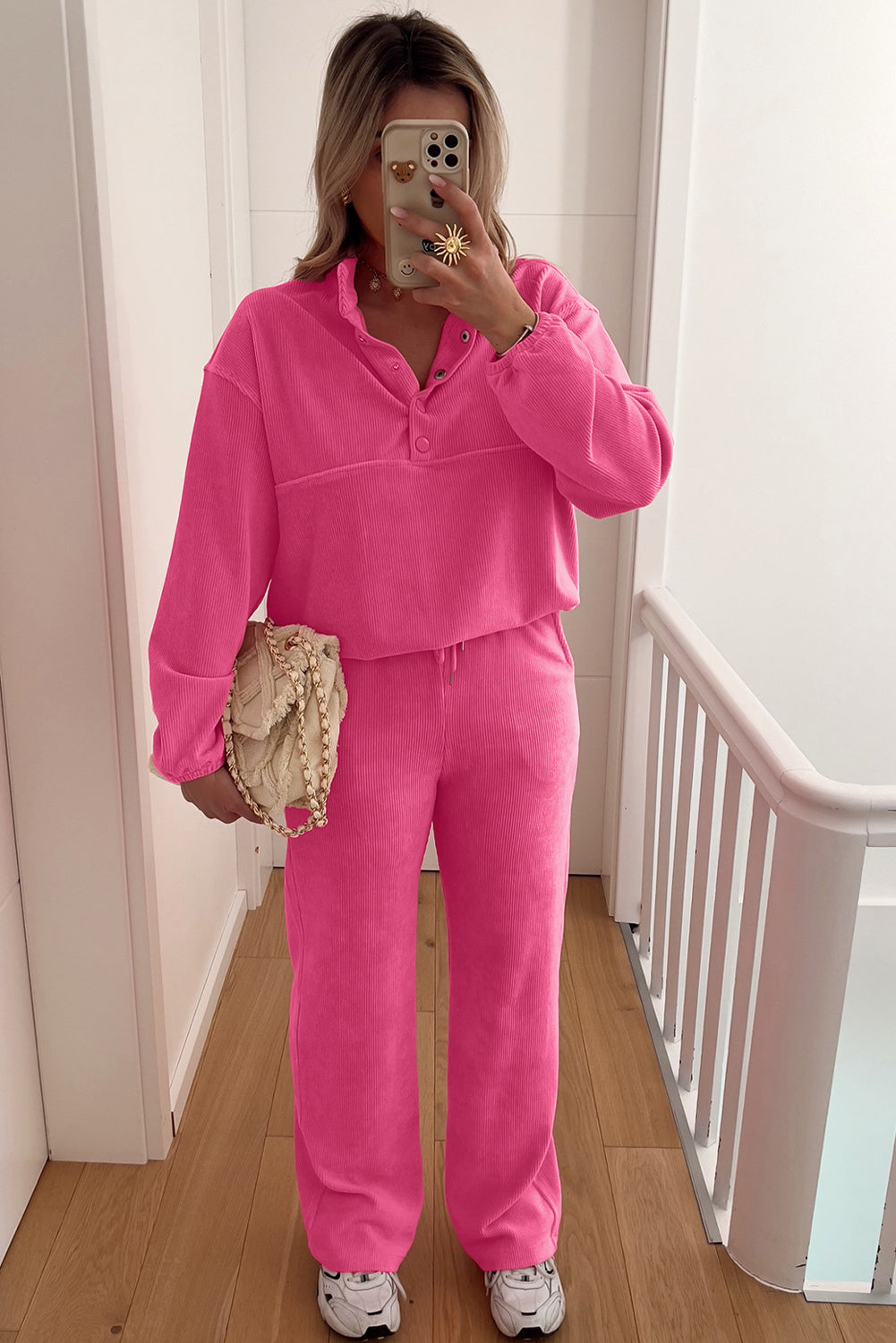 Peach Blossom Half Button Pullover Drawstring Pants Solid Color Corduroy 2pcs Outfit 🇺🇸