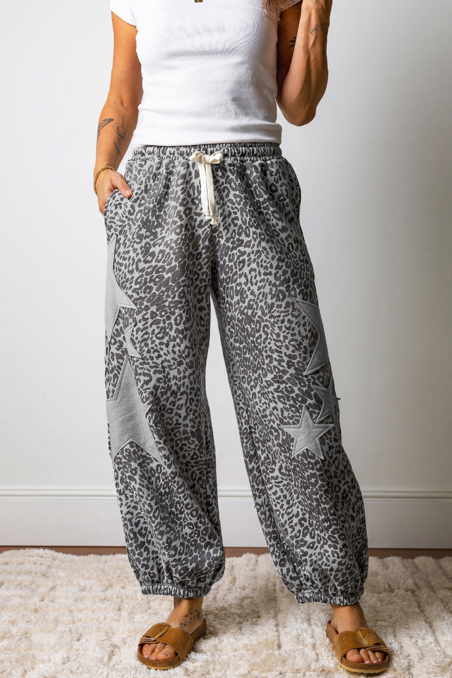 Gray Leopard Print Star Patched Drawstring Elastic Waist Jogger Pants 🇺🇲
