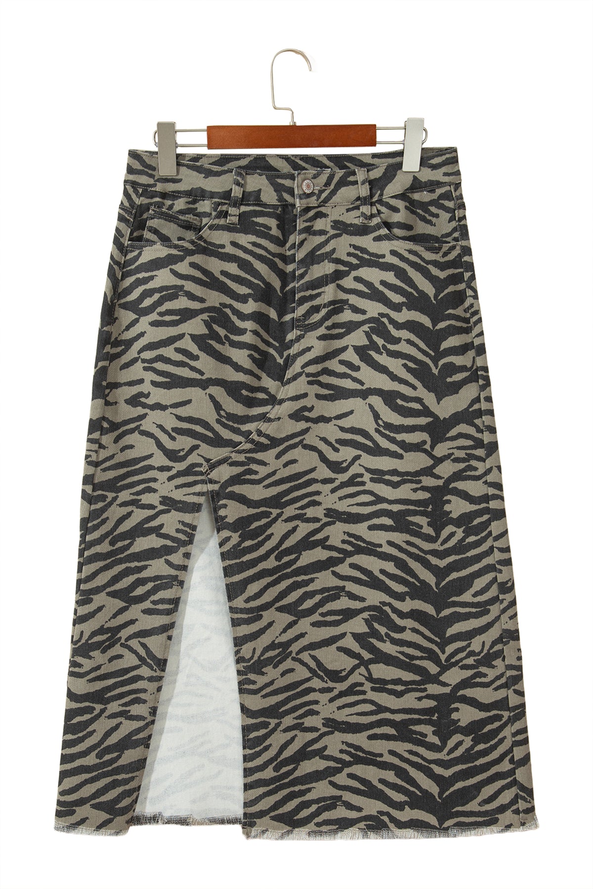 Brown Leopard Print Side Split Frayed Hem Denim Midi Skirt 🇺🇸