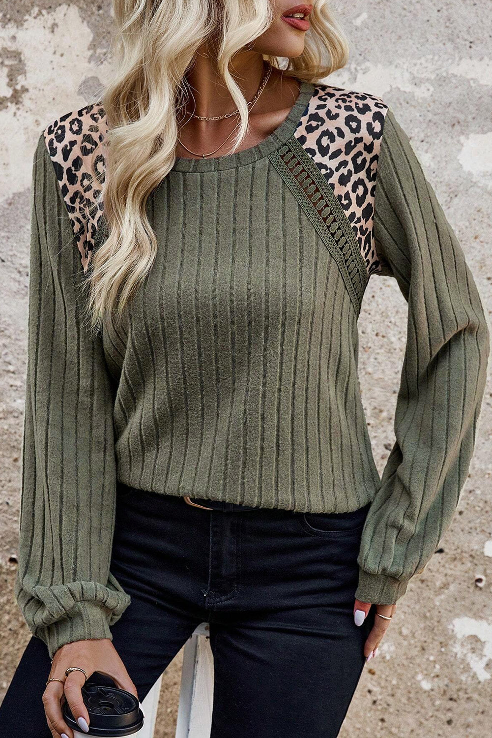 Moss Green Leopard Print Crochet Patchwork Rib Textured Knit Top 🇺🇲