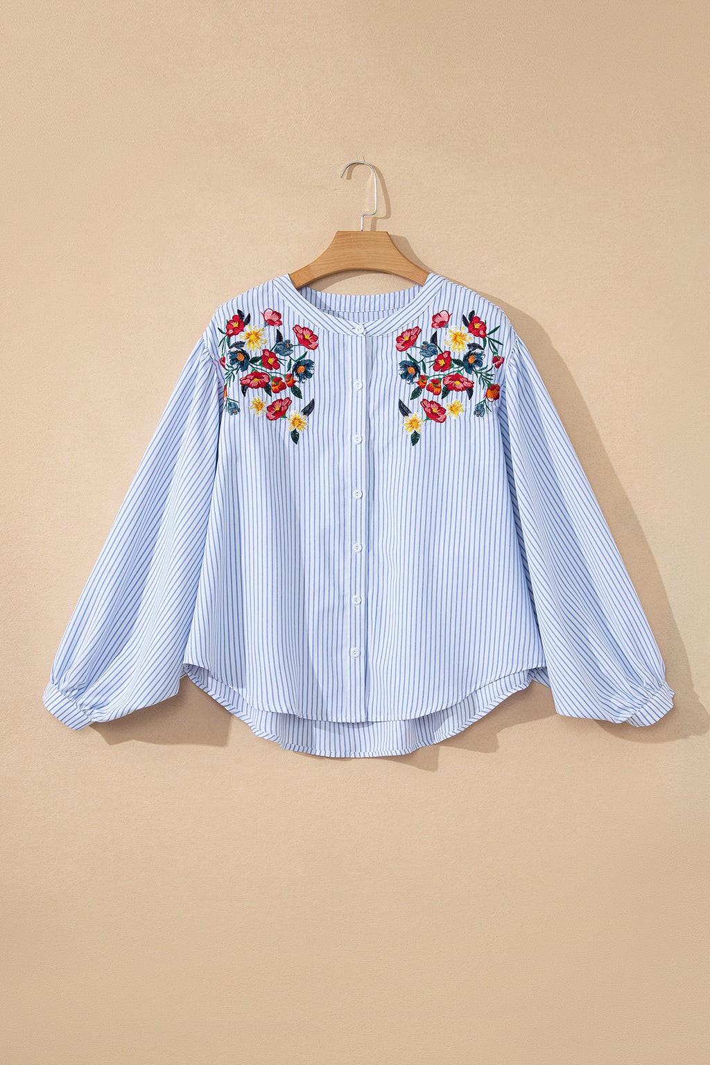 Sky Blue Stripe Floral Embroidered Billowy Sleeve Tunic Baggy Shirt 🇺🇸