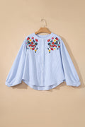 Sky Blue Stripe Floral Embroidered Billowy Sleeve Tunic Baggy Shirt 🇺🇸
