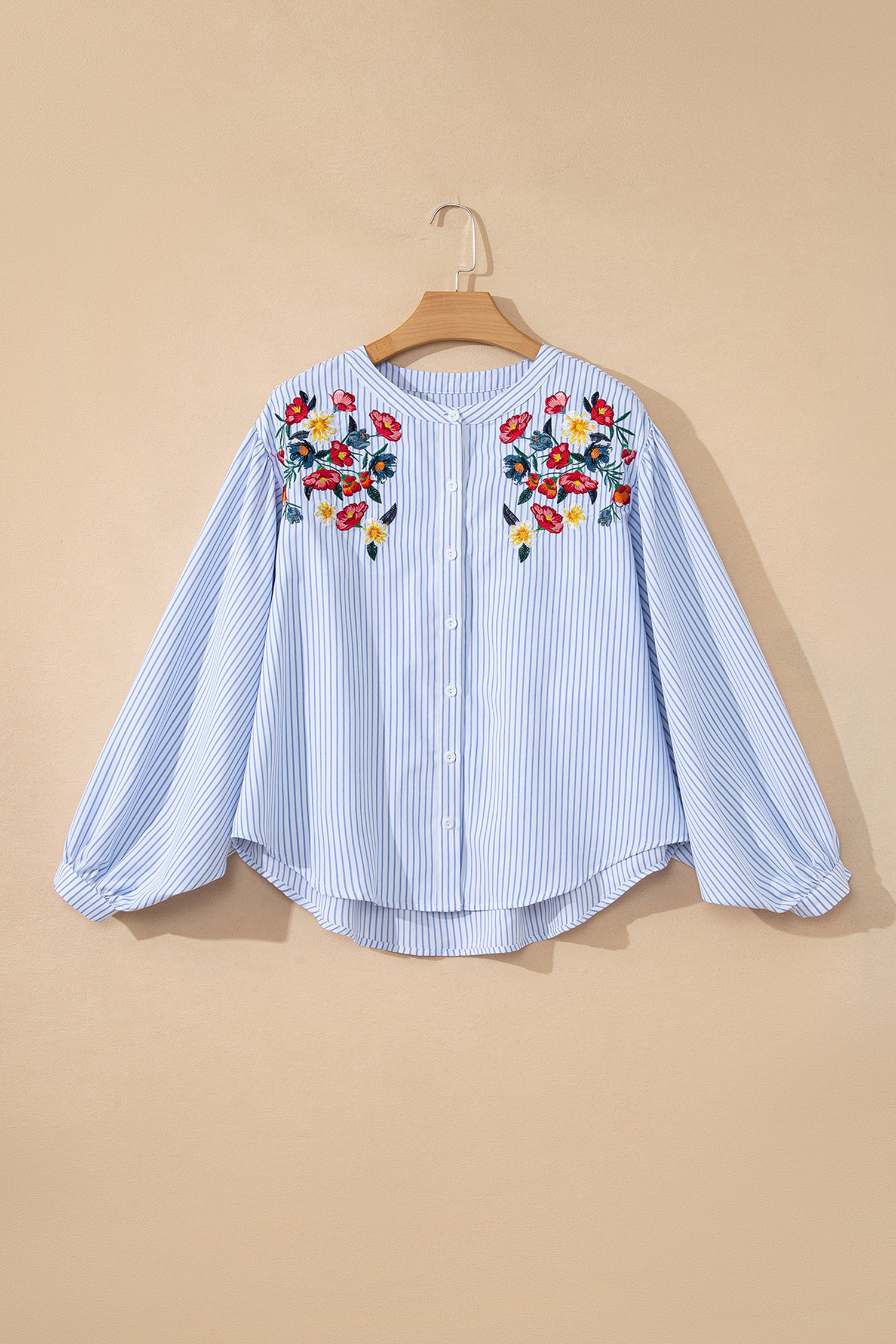 Sky Blue Stripe Floral Embroidered Billowy Sleeve Tunic Baggy Shirt 🇺🇸