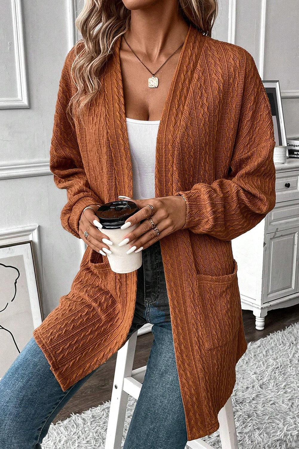 Chestnut Textured Knit Side Pockets Open Front Cardigan 🇨🇳