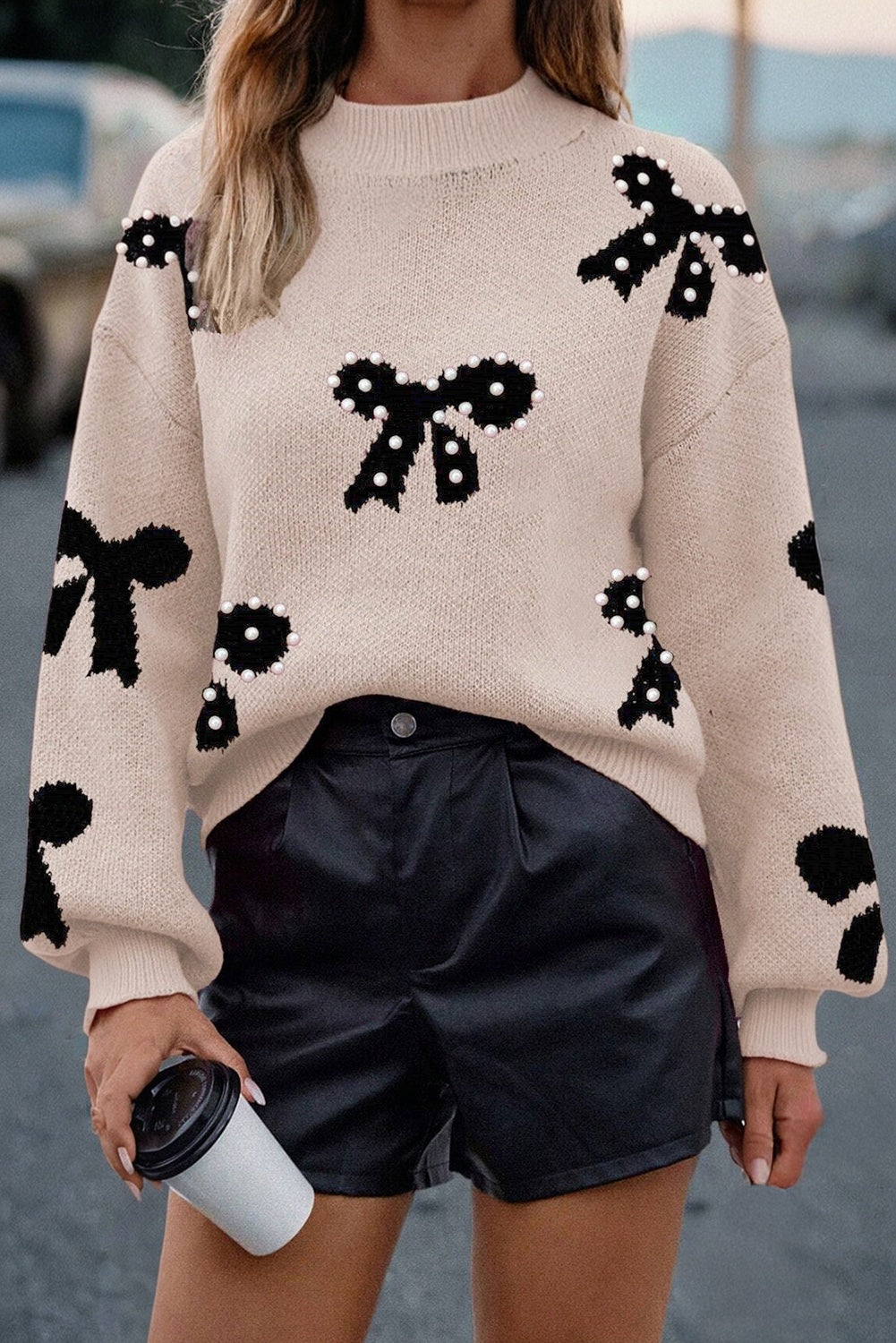 Smoke Gray Pearl Embellished Bow Pattern Loose Sweater 🇺🇸