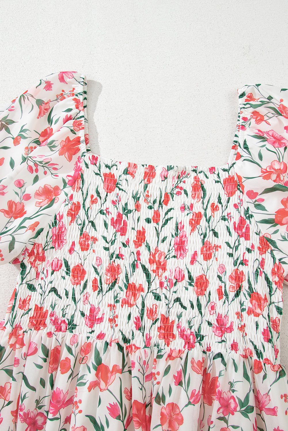 Pink Floral Puff Sleeve Square Neck Empire Waist Tiered Maxi Dress 🇨🇳