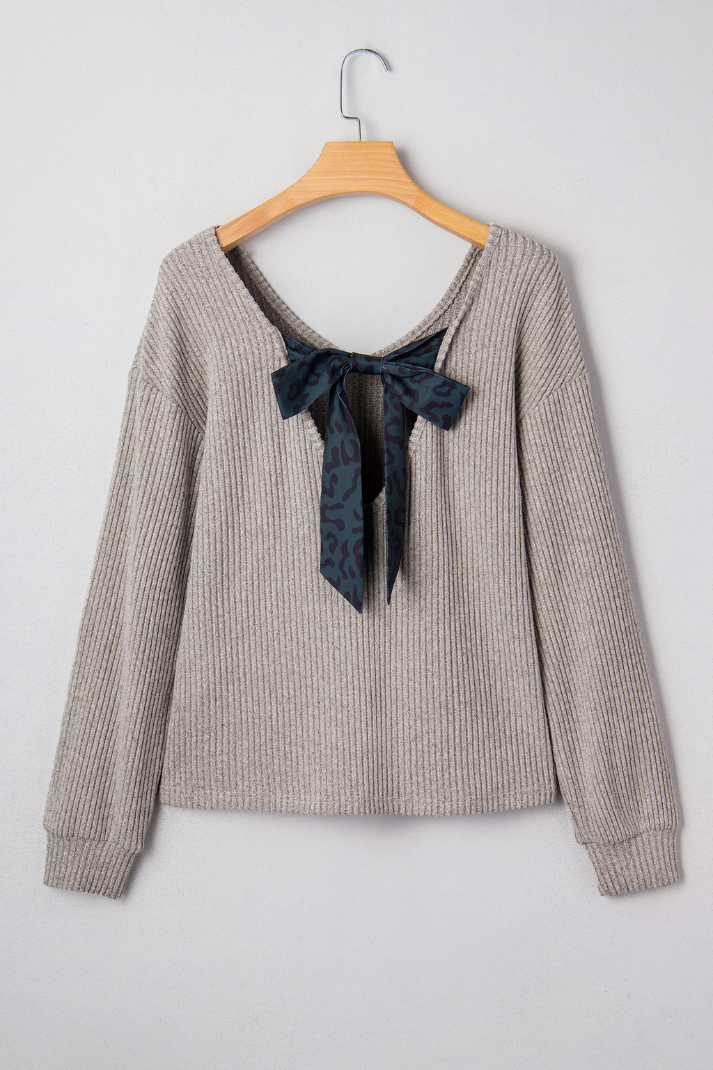 Simply Taupe Ribbed V Neck Contrast Ribbon Bow Back Drop Shoulder Long Sleeve Top 🇺🇸