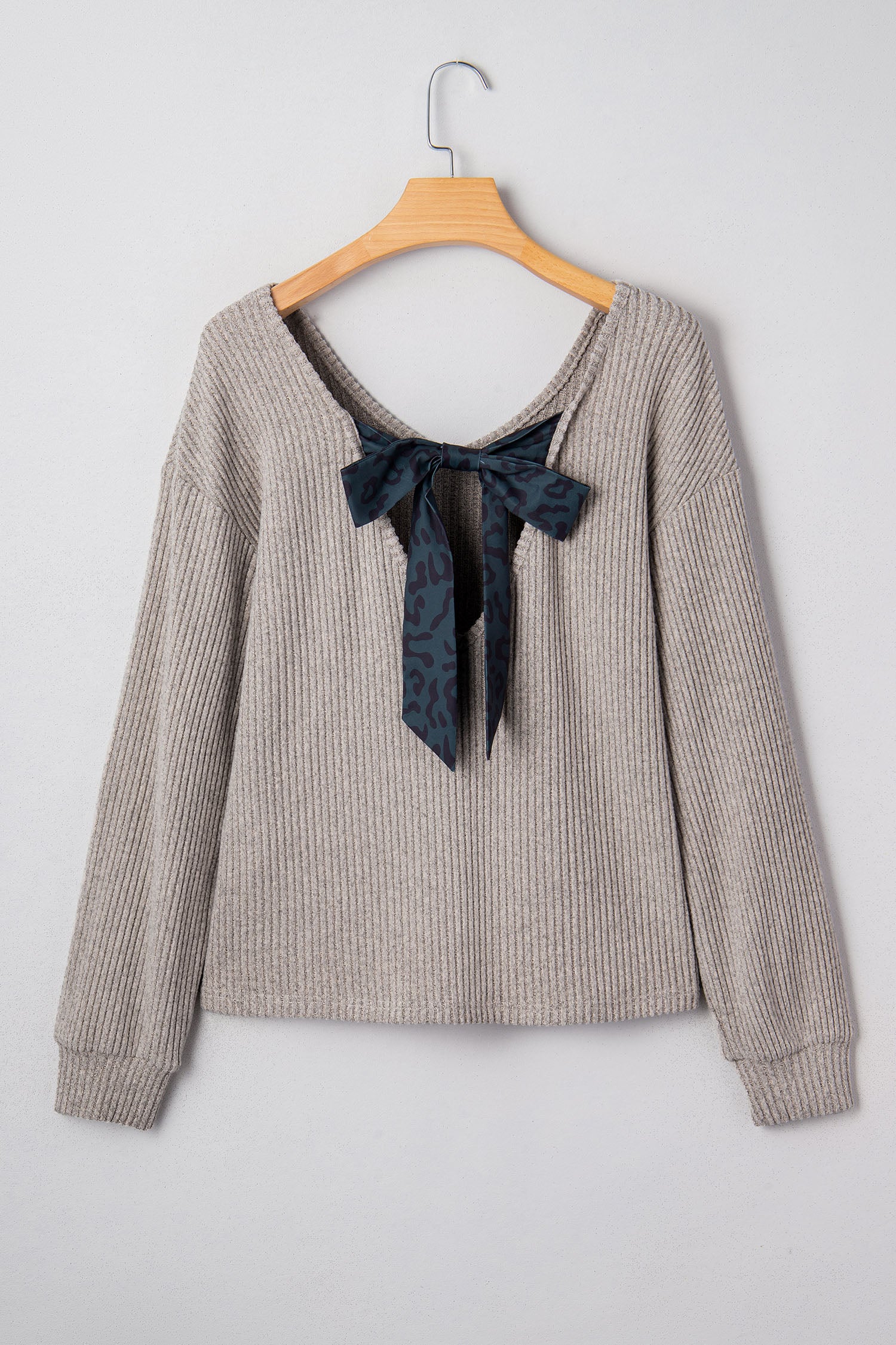 Simply Taupe Ribbed V Neck Contrast Ribbon Bow Back Drop Shoulder Long Sleeve Top 🇺🇸