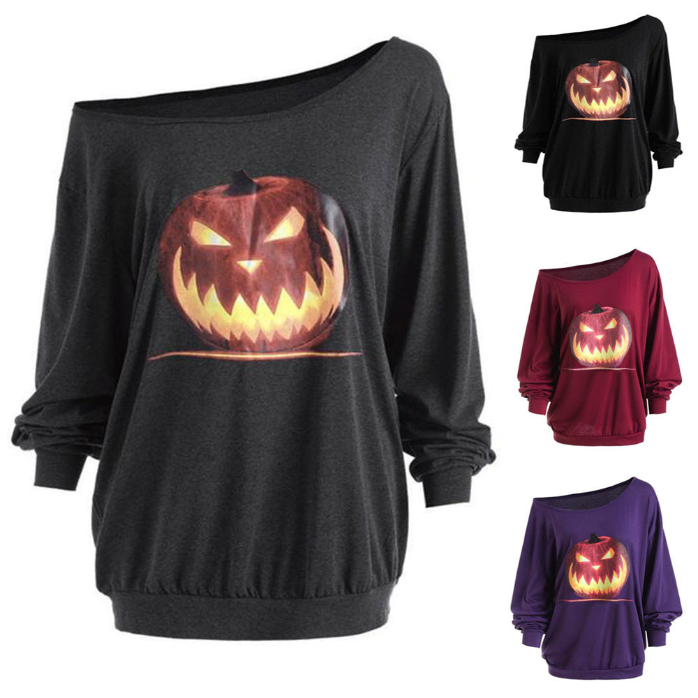 Cross Shoulder Halloween Angry Pumpkin Print Top 🇨🇳