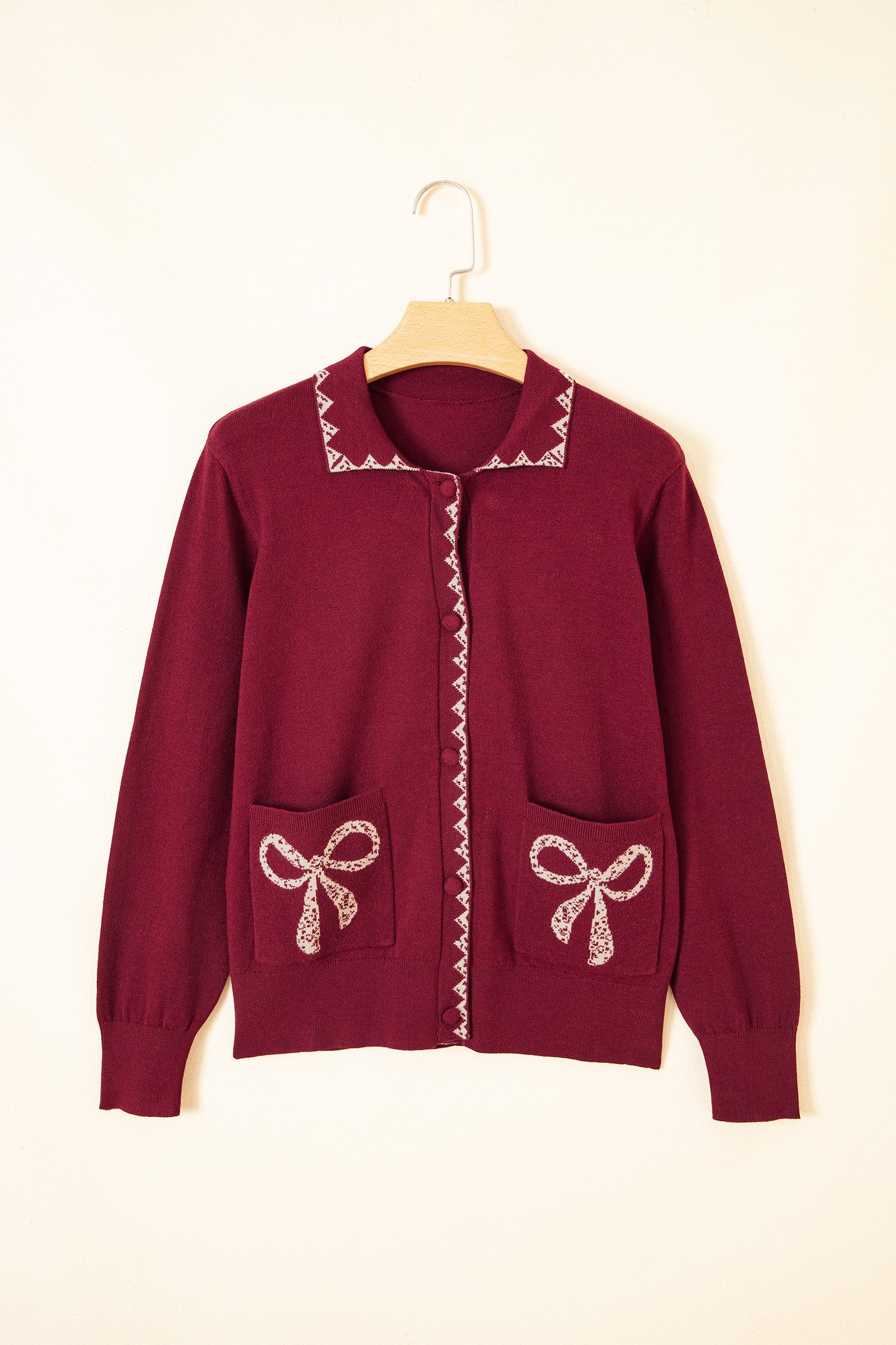 Burgundy Bow Pocket Collar Long Sleeve Knit Cardigan 🇺🇸