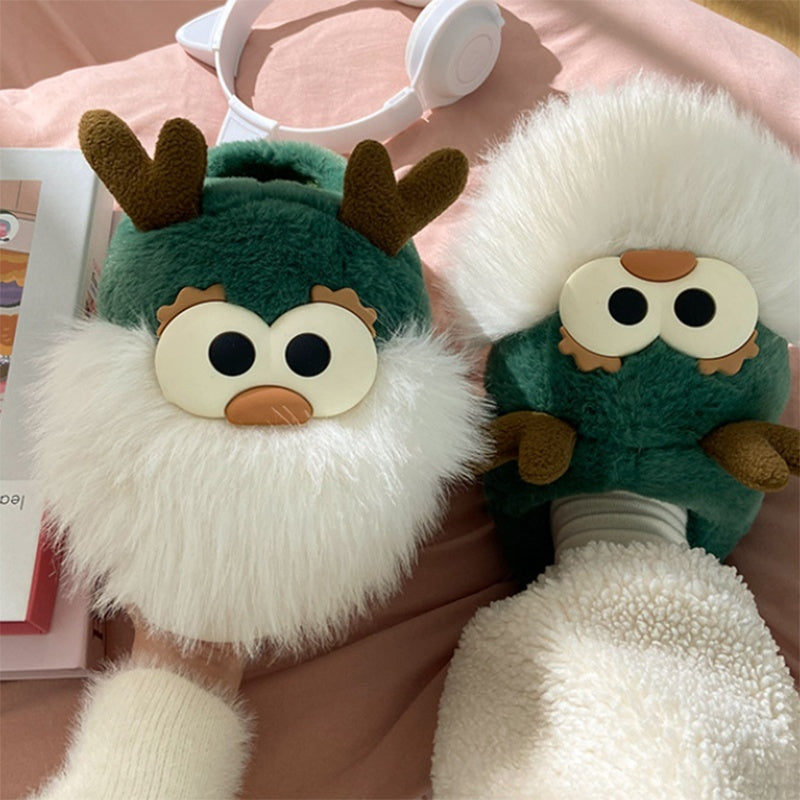Cute Cartoon Christmas Deer Cotton Shoes Winter Indoor Floor Home Slippers Half-covered Heel Warm Plush Shoes Women 🇨🇳