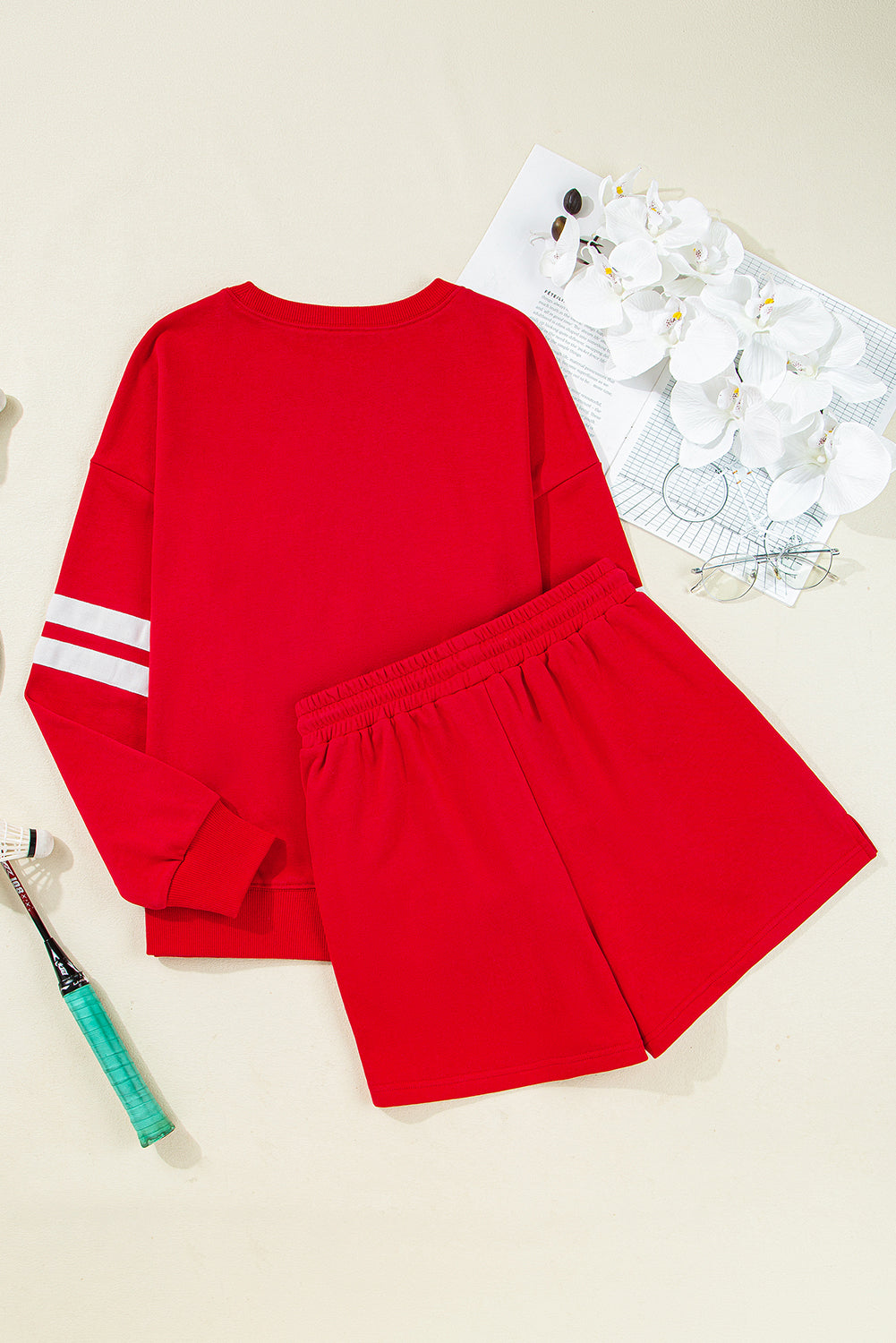 Fiery Red Varsity Striped Sleeve Drop Shoulder Sweatshirt and Short Set 🇺🇲