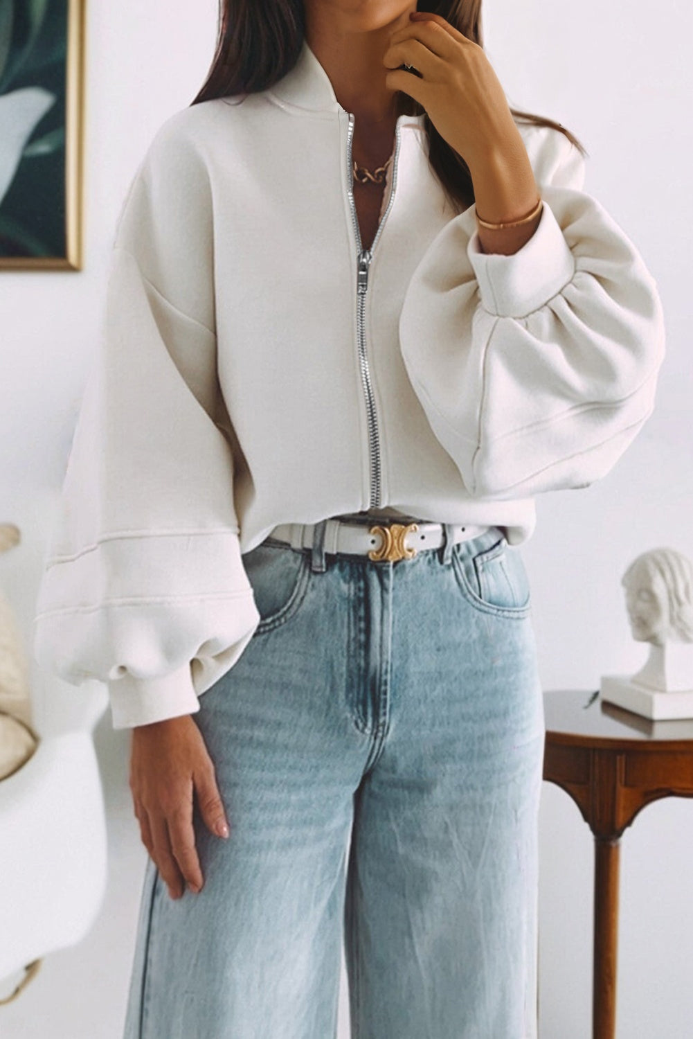 White Solid Color Zip Up Knit Puff Sleeve Jacket 🇺🇸