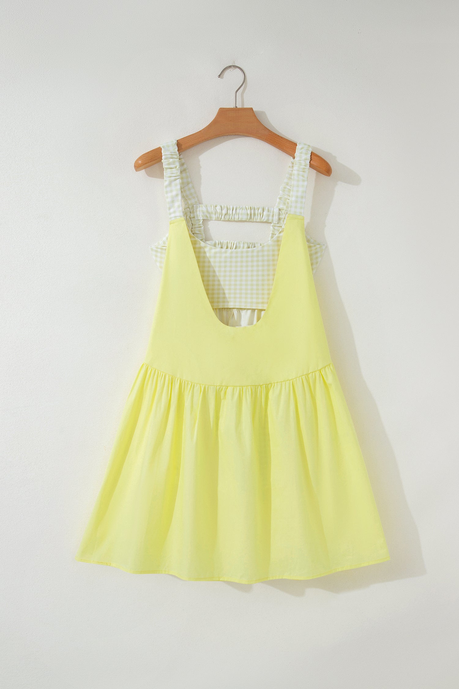 Yellow Cream Faux Two Piece Gingham Contrast Patchwork Loose Mini Dress 🇺🇸