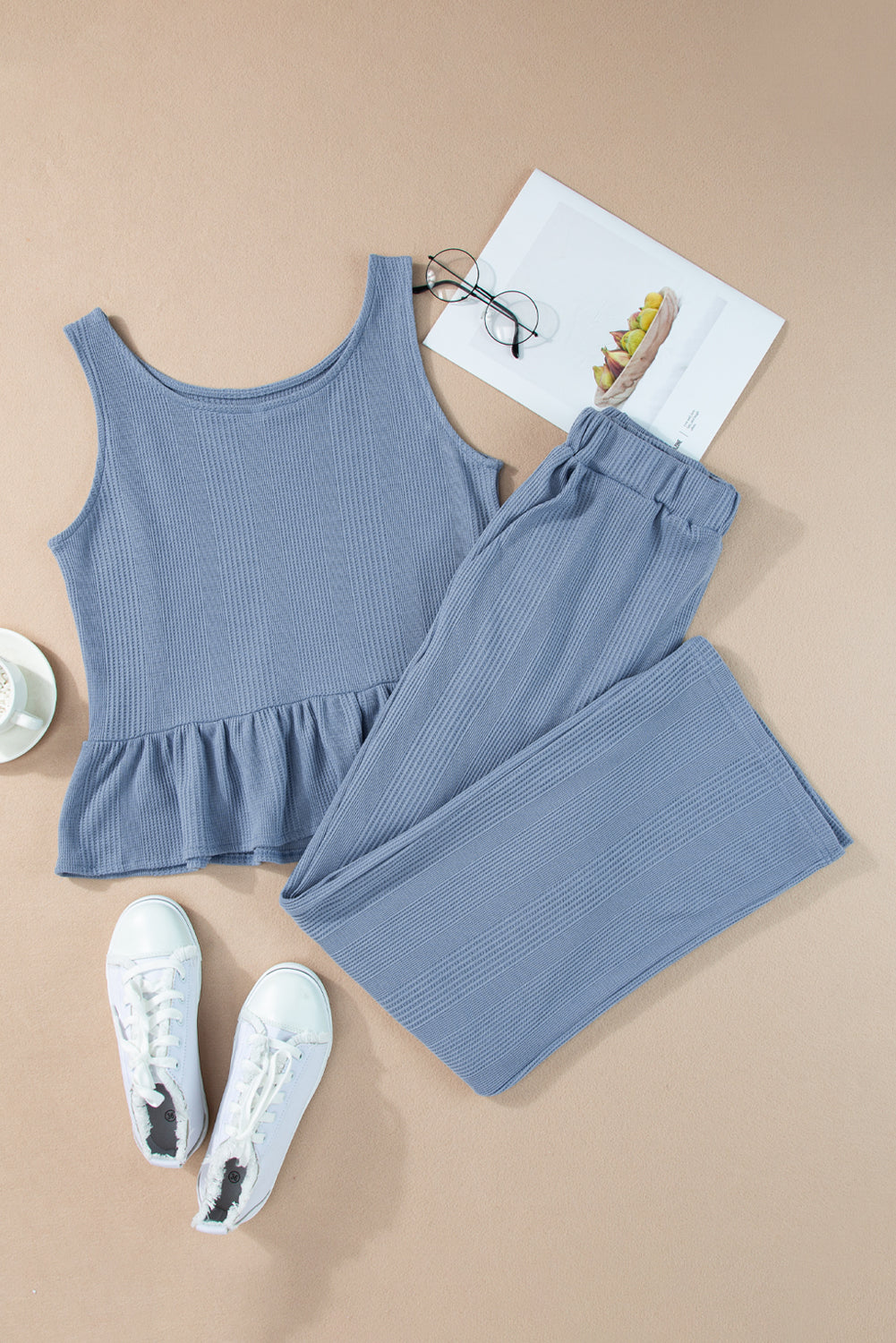 Beau Blue Solid Color Ribbed Ruffle Tank Top and Pants Set 🇨🇳