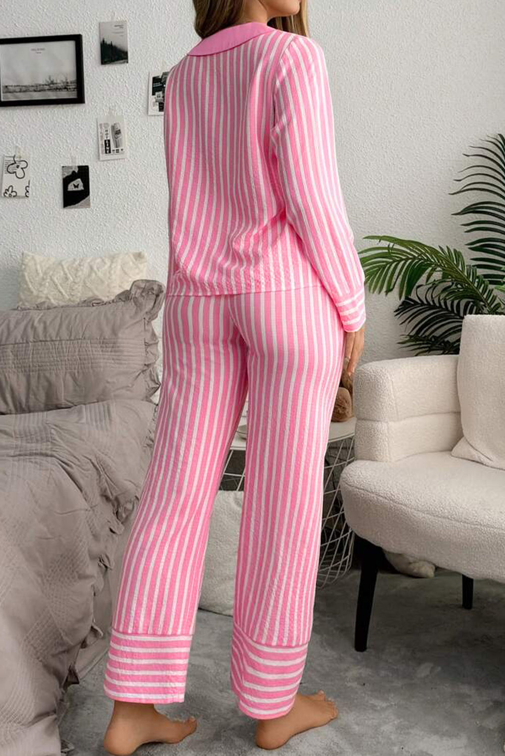 Pink Stripe Buttoned Front Long Sleeve Top and Pants 2 Piece Sleepwear 🇺🇸
