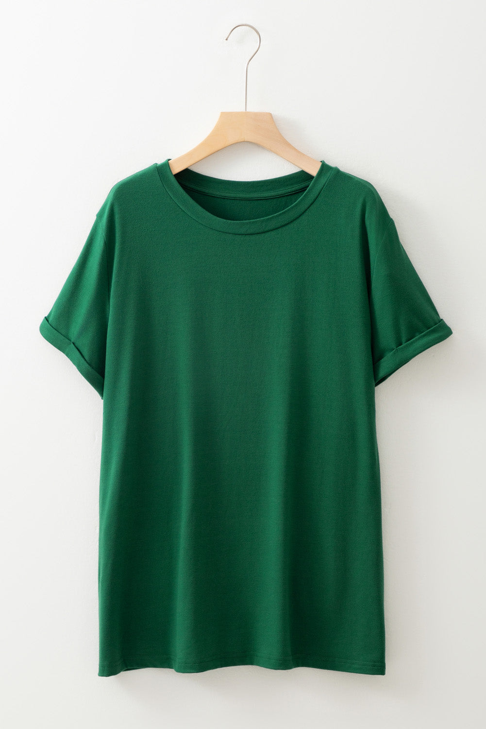 Dark Green Round Neck Rolled Sleeve Plus Size T-shirt 🇨🇳