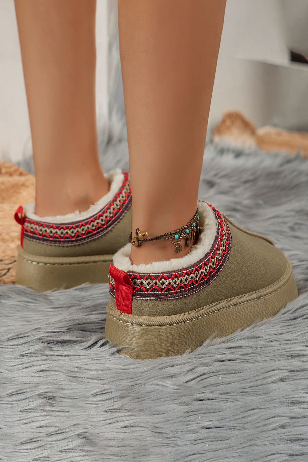Sage Green Contrast Print Suede Plush Lined Boots/slippers 🇨🇳
