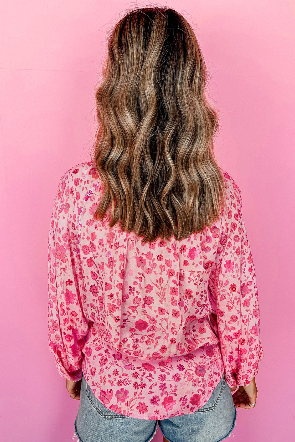 Pink Floral Puff Sleeve Split Neck Lightweight Blouse 🇺🇸