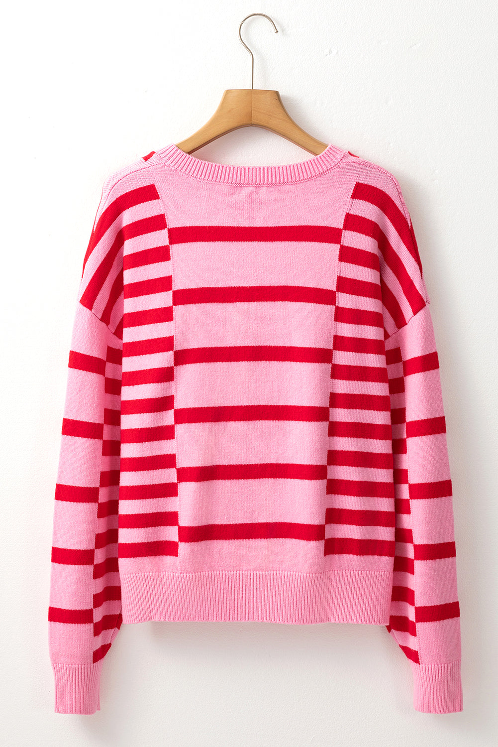 Pink Stripe Bubble Sleeve Drop Shoulder Ribbed Trim Sweater 🇺🇸