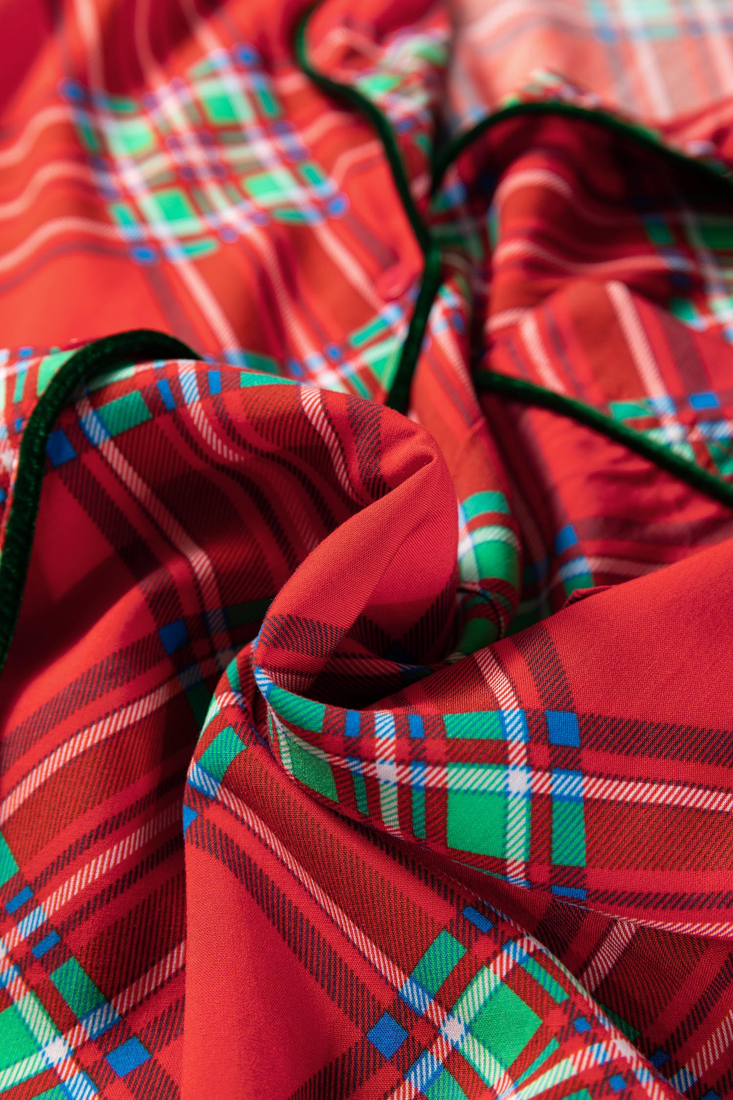 Fiery Red Christmas Plaid Satin Pajama Set with Contrast Velvet Ties 🇺🇸