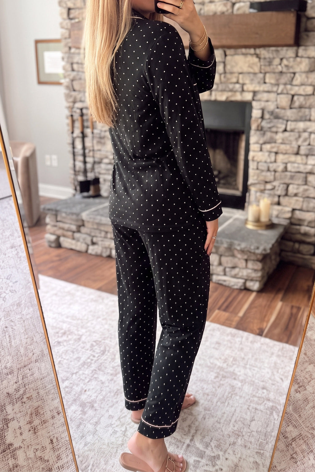 Black Polka Dot Long Sleeve Shirt Lace Detail Two Piece Pajama Pant Set 🇺🇸