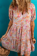 Red Floral Puff Sleeve Notched V Neck Tiered Mini Dress 🇺🇸