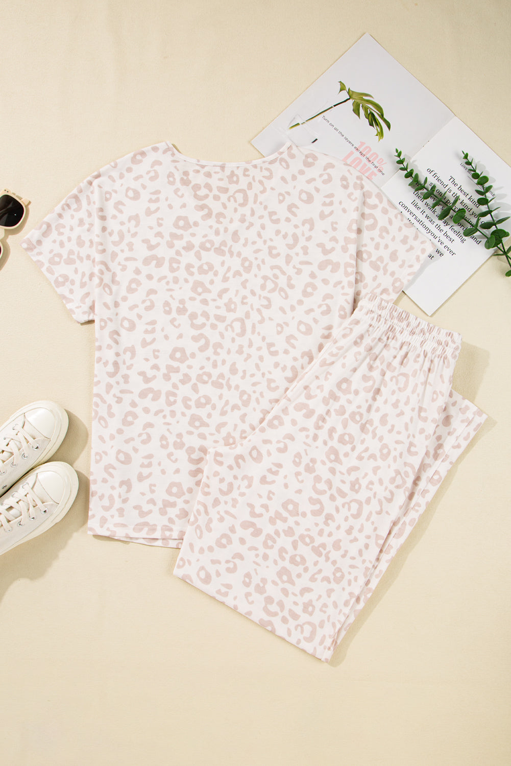 Beige Cheetah V Neck Tee and Pants Lounge Set 🇺🇸