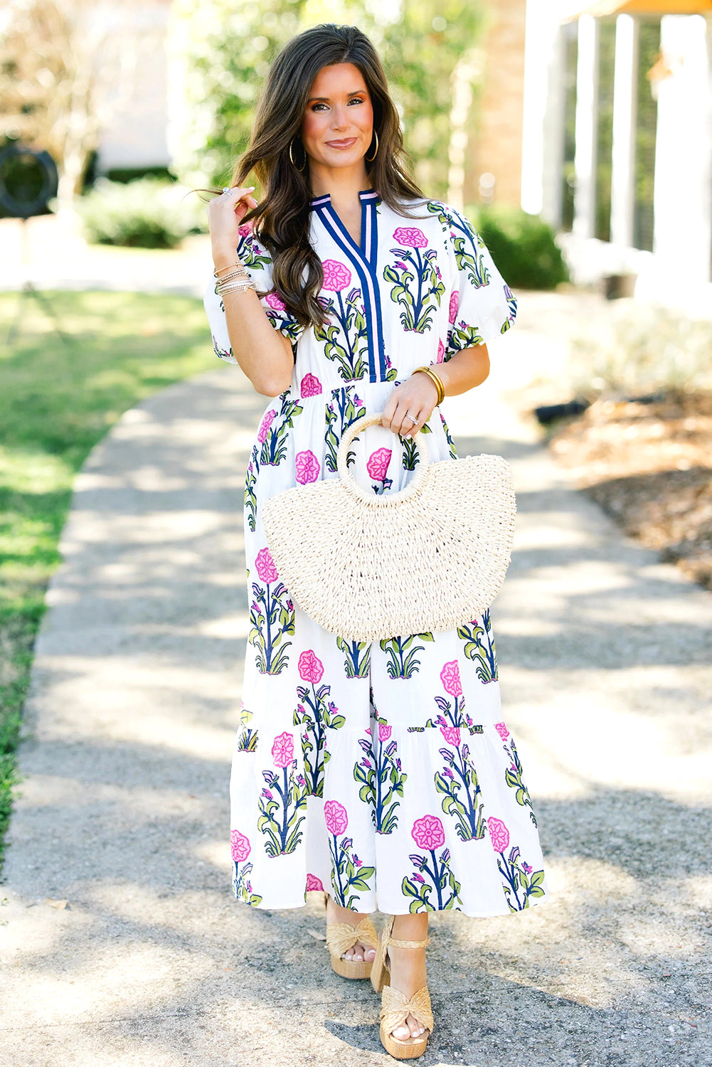 White Floral Puff Short Sleeve V Neck High Waist Maxi Dress 🇨🇳