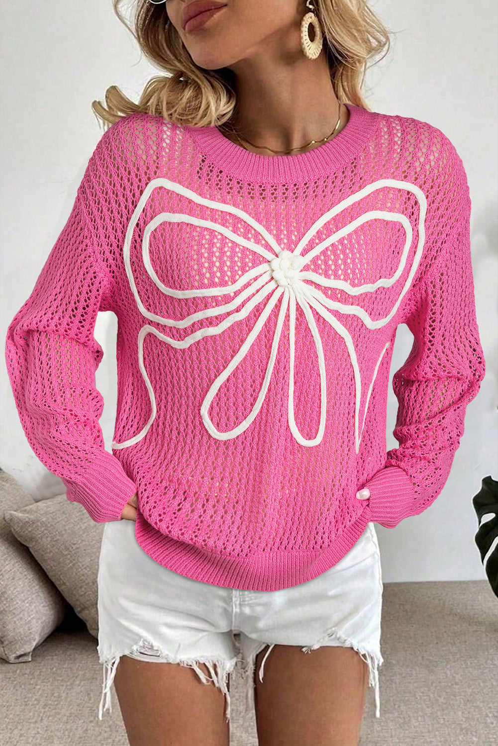 Sachet Pink Sweet Bow Decor Hollow Out Knitted Drop Shoulder Sweater 🇺🇲