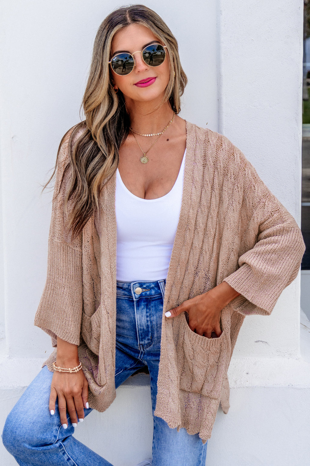 Old Rose Hollowed Pattern Knit Drop Shoulder Open Sweater Cardigan 🇺🇸