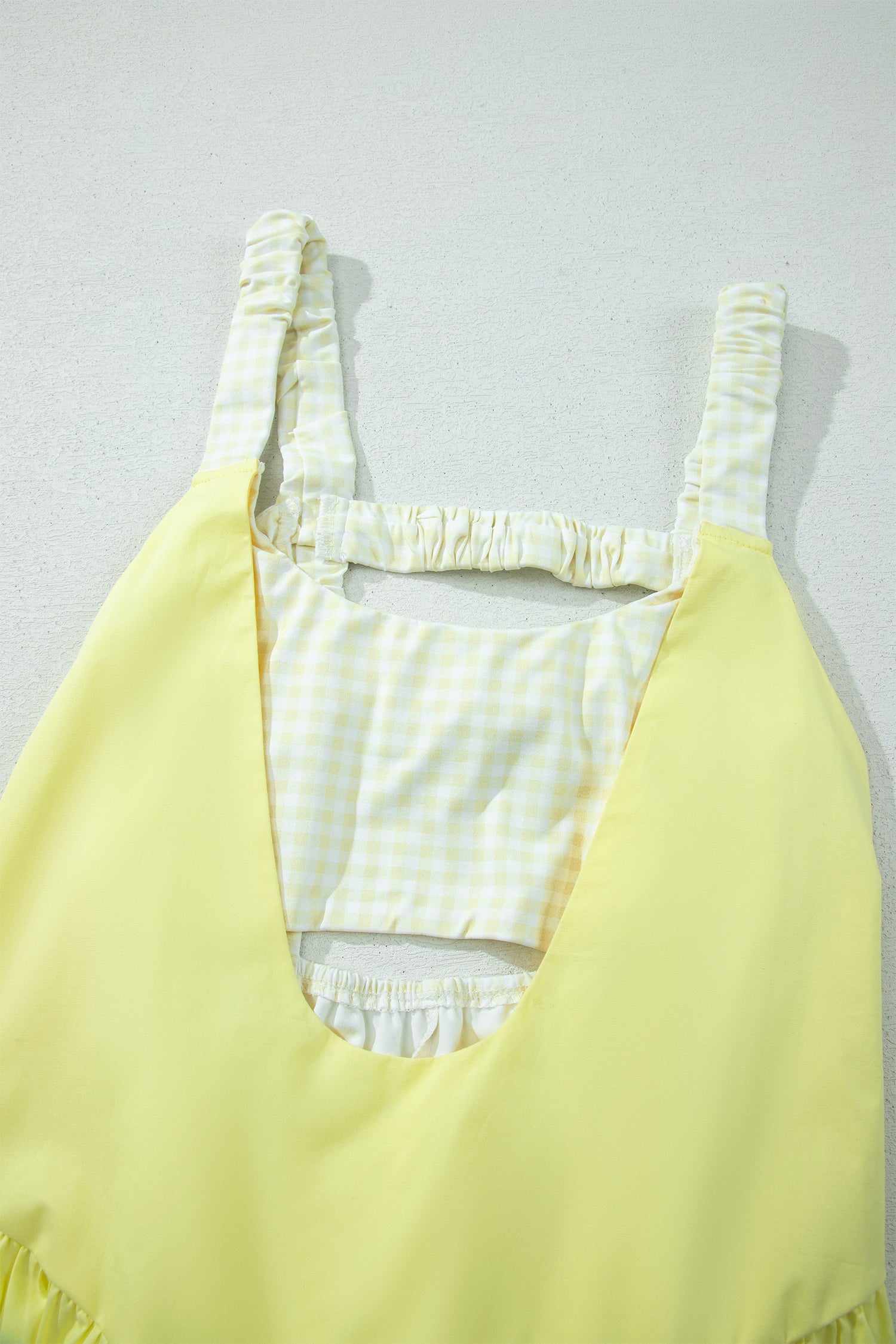 Yellow Cream Faux Two Piece Gingham Contrast Patchwork Loose Mini Dress 🇺🇸
