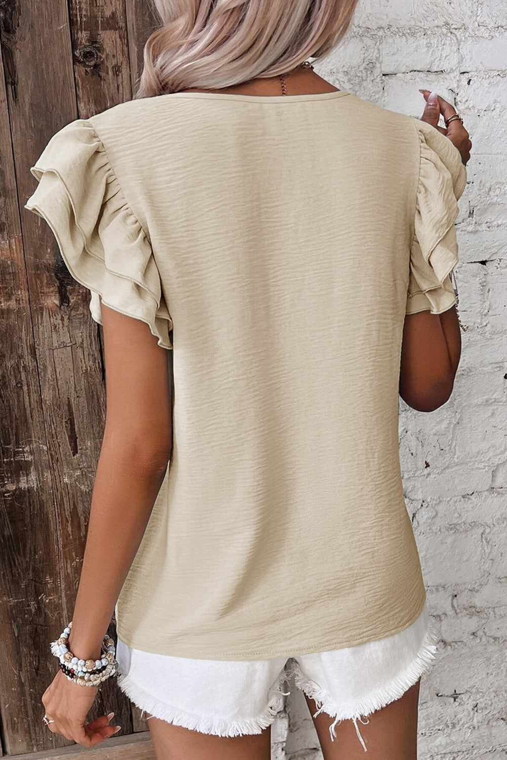 Beige Solid Color Ruffled Short Sleeve Casual Blouse 🇨🇳
