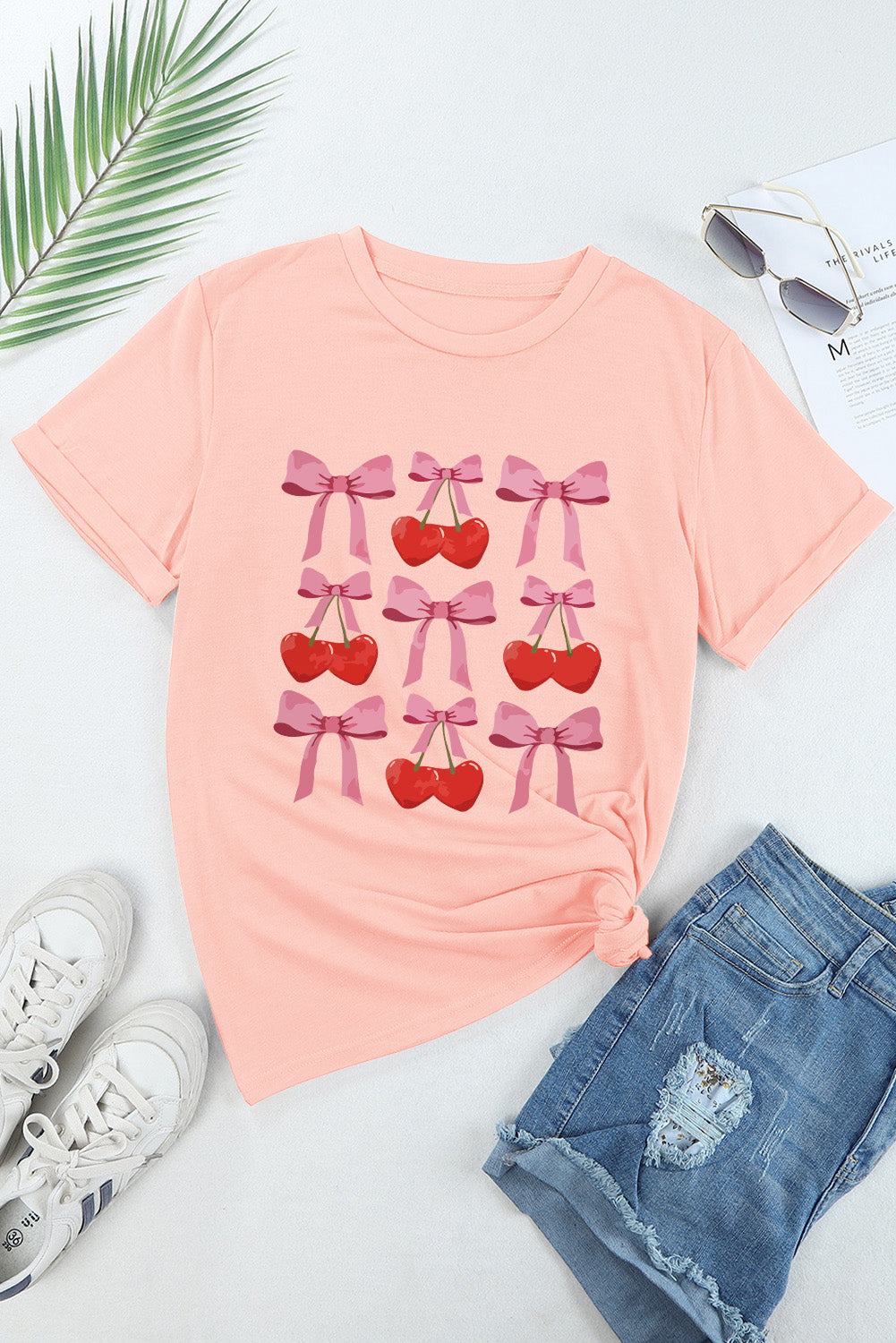 Pink Bow Cherry Print Crew Neck Casual T Shirt 🇨🇳