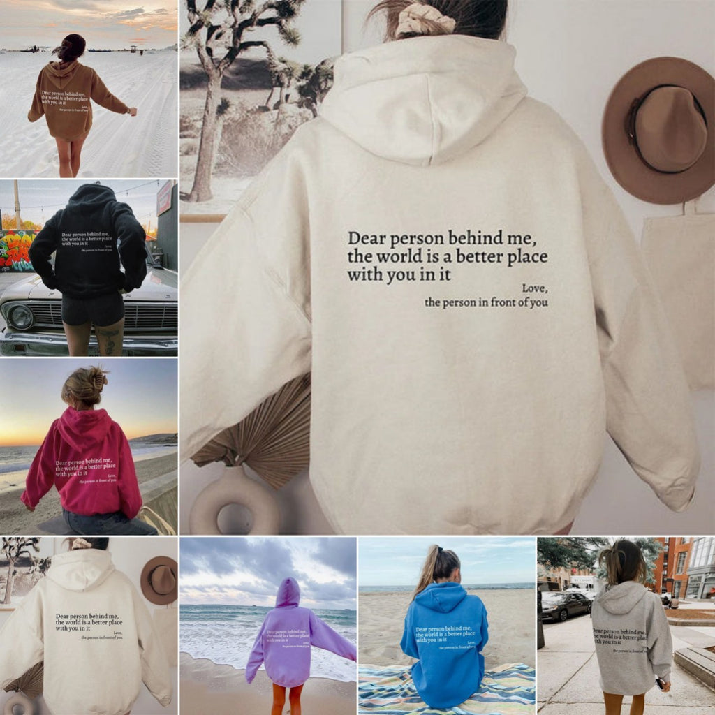 Dear Person Behind Me,the World Is A Better Place,with You In It,love,the Person In Front Of You,Women's Plush Letter Printed Kangaroo Pocket Drawstring Printed Hoodie Unisex Trendy Hoodies 🇨🇳