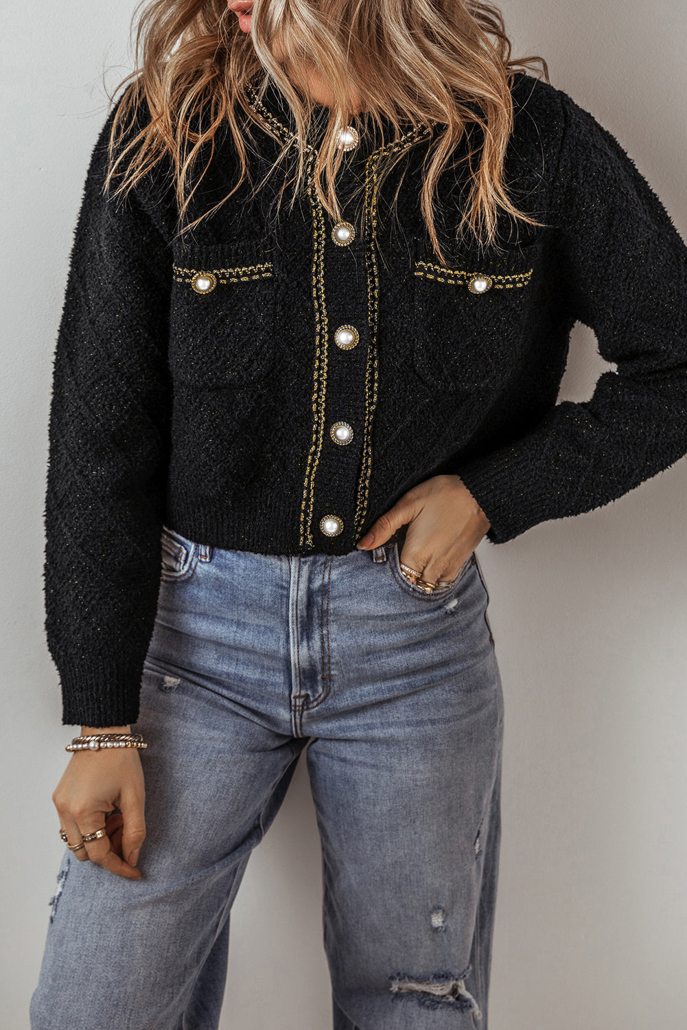 Black Shimmer Flap Pocket Button up Cardigan 🇨🇳