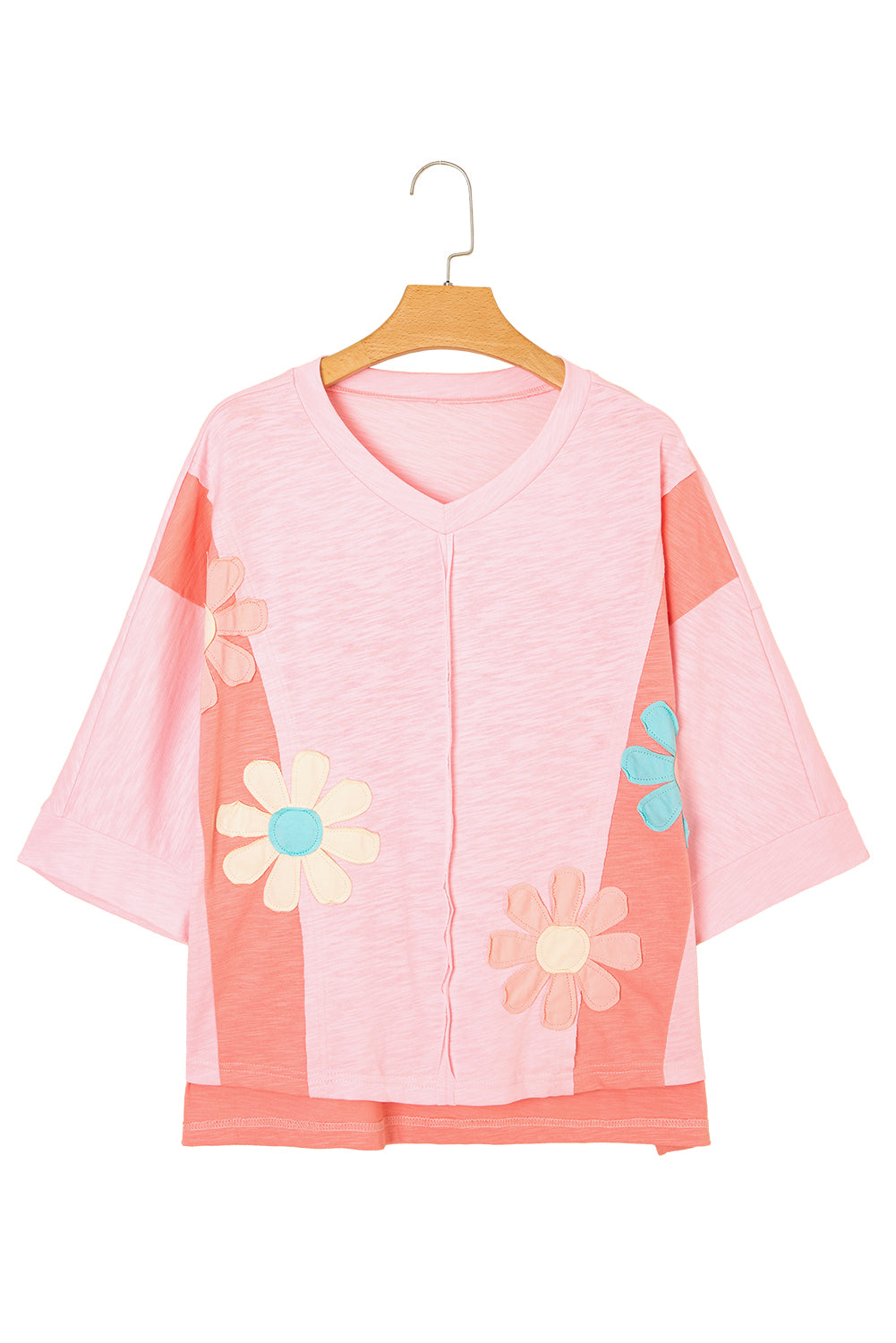 Pink Flower Patched Exposed Seam Bracelet Sleeve Oversized T Shirt 🇺🇲