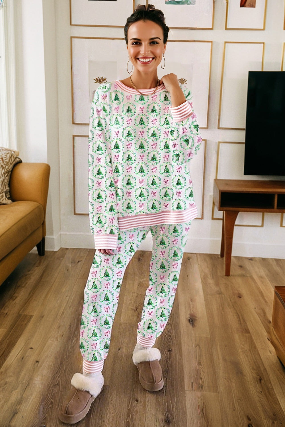 Green Bow Christmas Tree Print Contrast Striped Banding 2pcs Lounge Set 🇺🇸