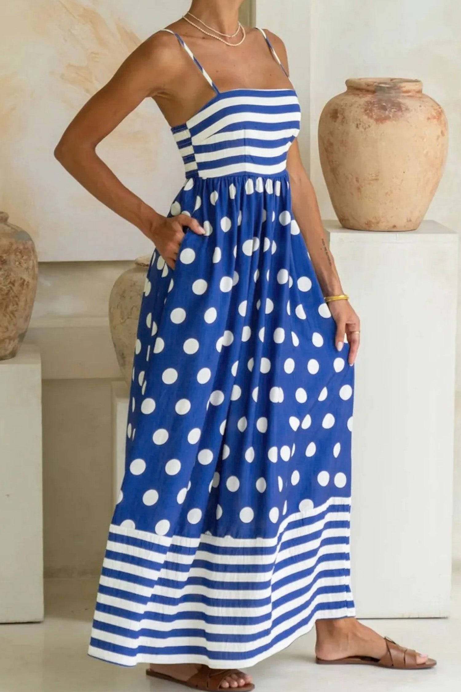 Blue Striped Polka Dot Patchwork High Waist Spaghetti Straps Maxi Dress 🇺🇸