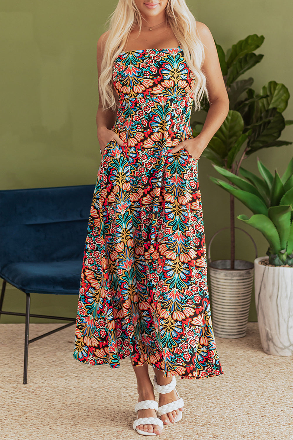 Black Boho Floral Print Thin Straps Sleeveless High Waist Maxi Dress 🇺🇸