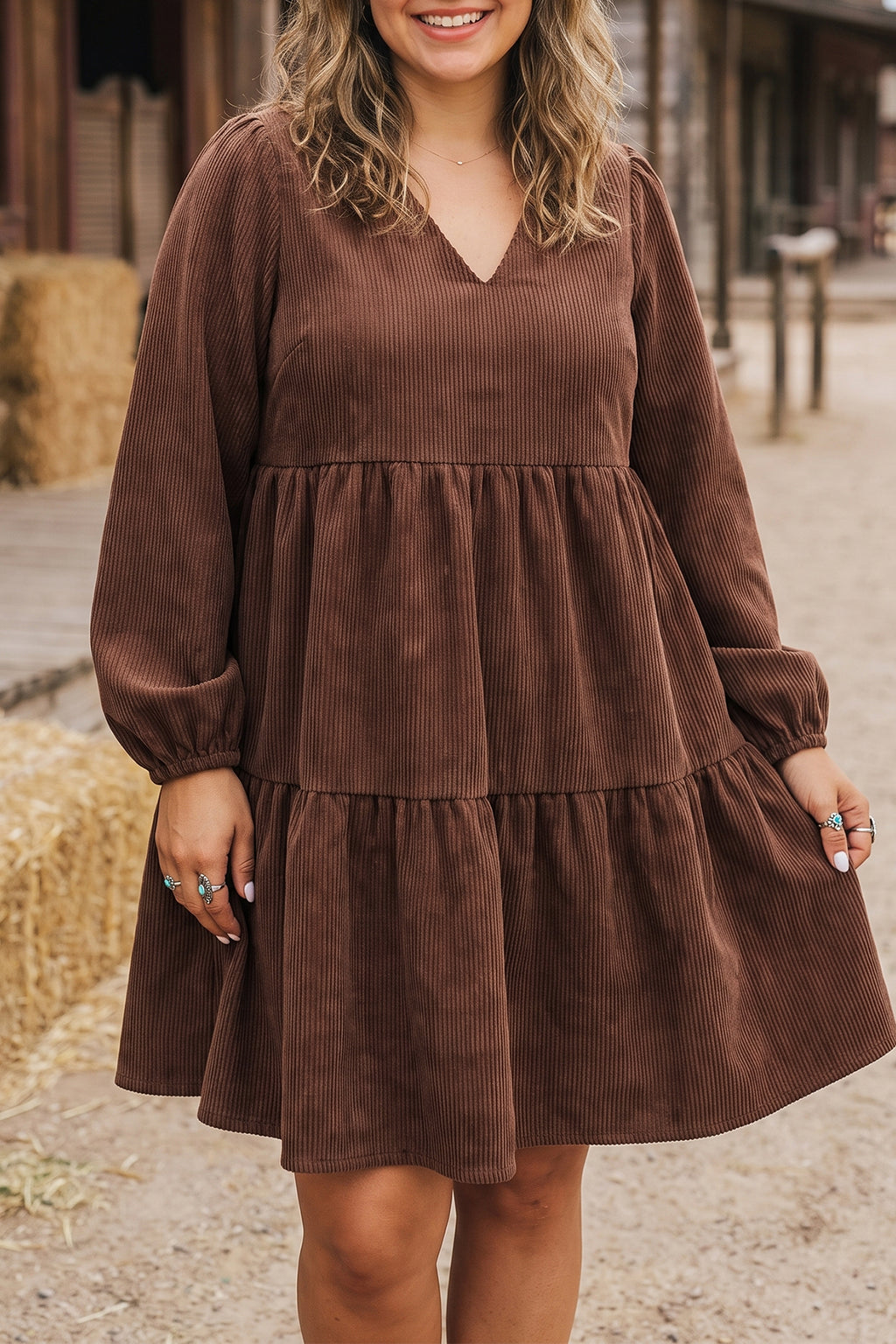 Coffee Winter Corduroy V Neck Long Sleeve Plus Size Mini Dress 🇺🇸