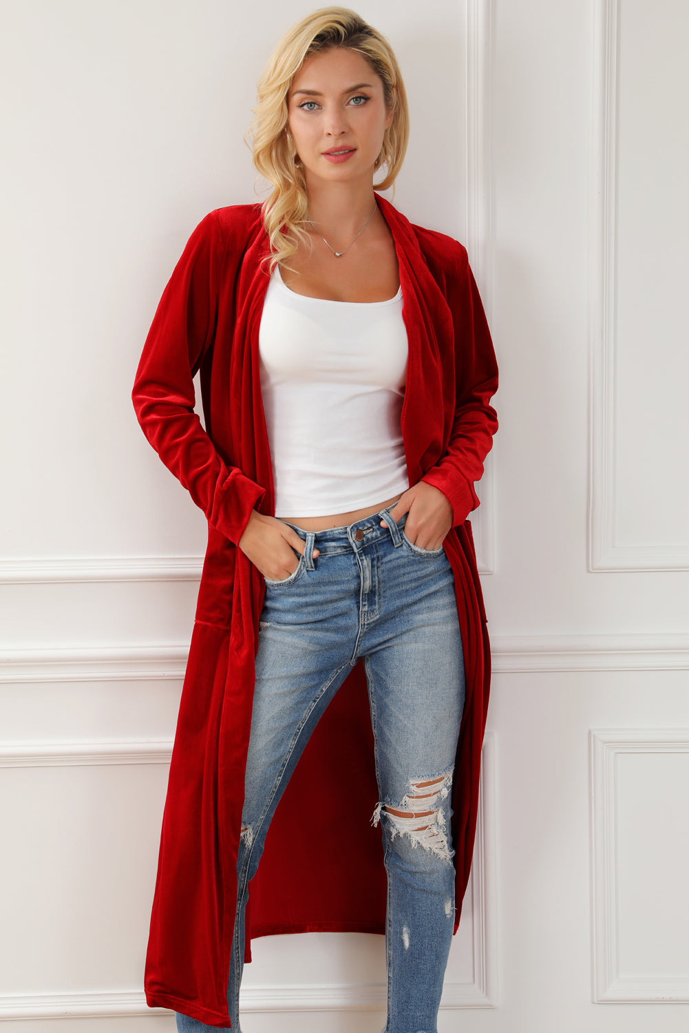 Fiery Red Velvet Open Front Pocketed Long Duster 🇨🇳